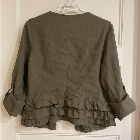 Anonyme Olive Green Ruffled Loose fitting Jacket 3/4 Sleeves light Summer size 4 - Picture 2 of 6